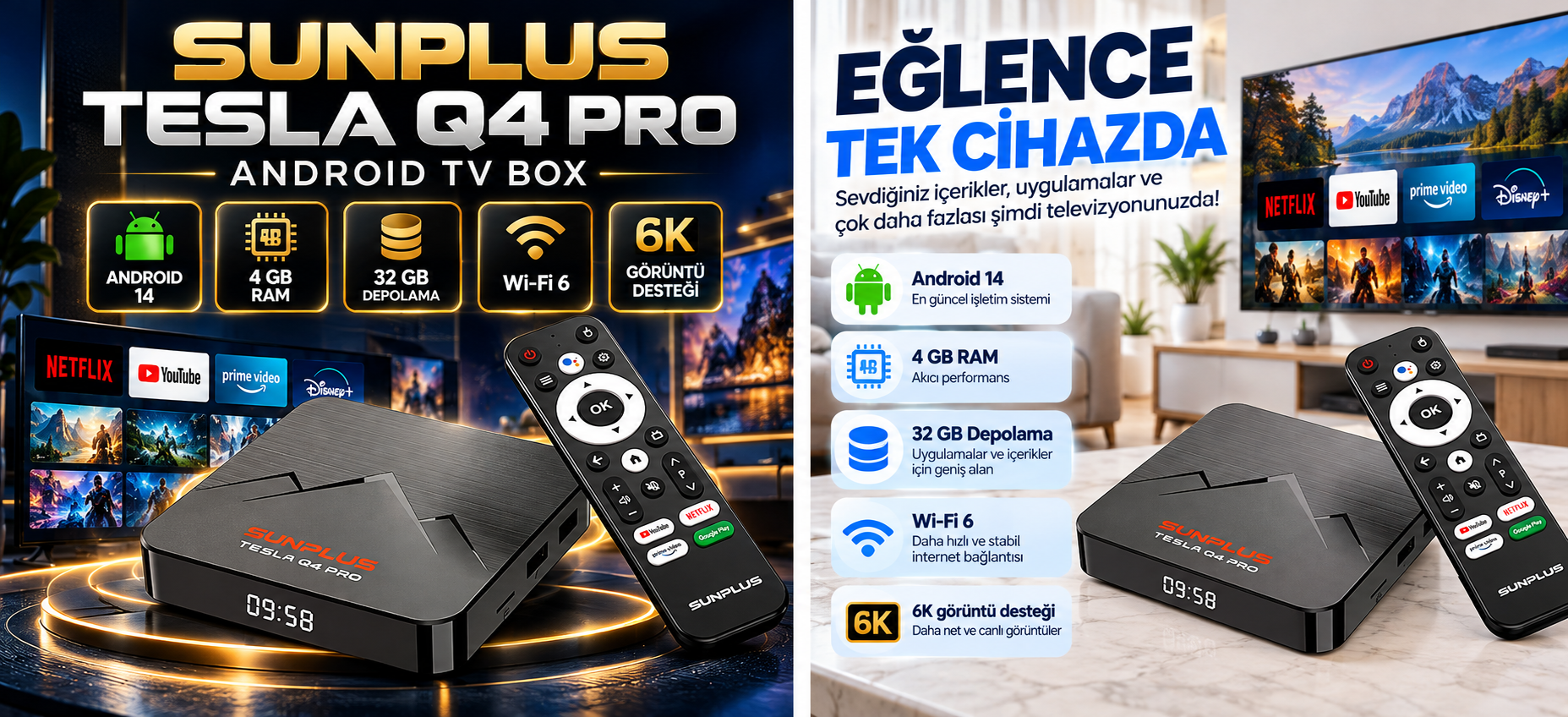 Sunplus Tesla Q4 Pro 32gb 4gb ram  6K Android TV Box  Android 14 İşletim Sistemi 64 GB Depola  Wi-Fi 6