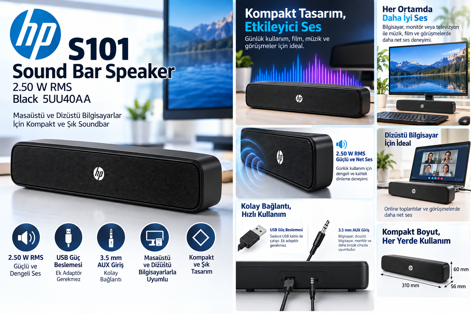 HP S101 Sound Bar Speaker 2.50 W RMS Black 5UU40AA