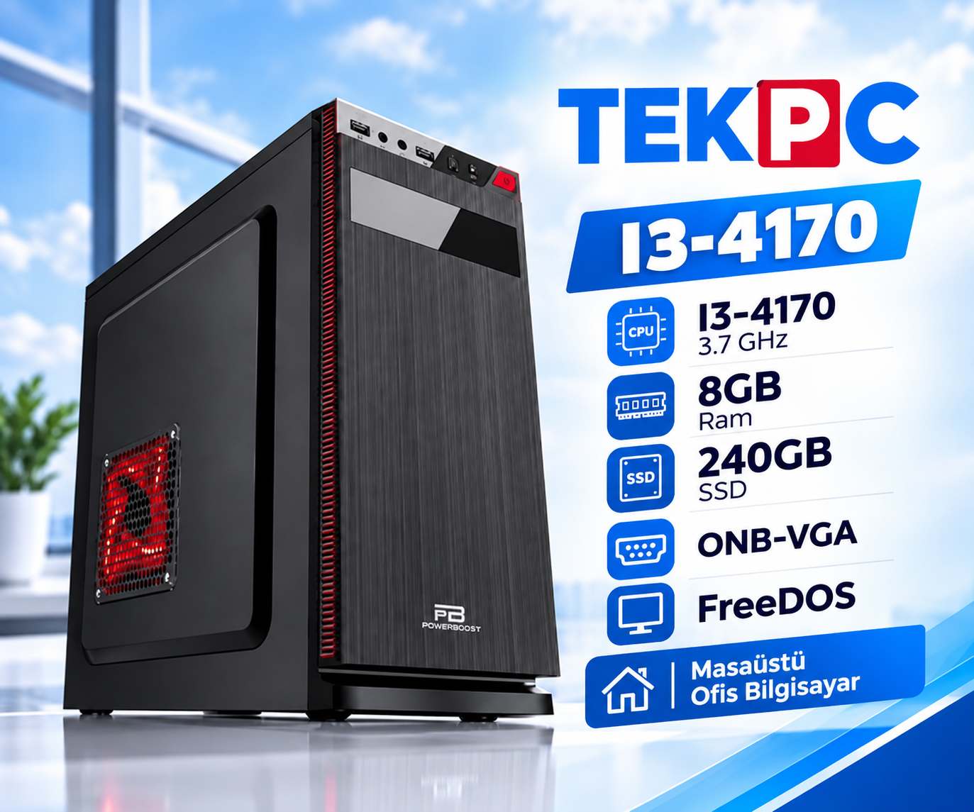 TEKPC I3-4170 3.7GHZ 8GB 240GB SSD ONB-VGA FreeDOS Masaüstü Ofis Bilgisayar