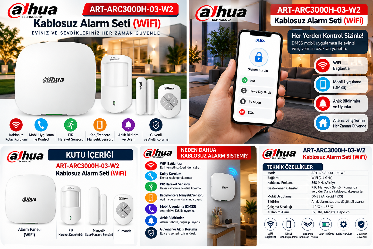 DAHUA ART-ARC3000H-03-W2 Kablosuz Alarm Seti (Wifi) PIR+MANYETİK+KUMANDA+MRKZ ALARM