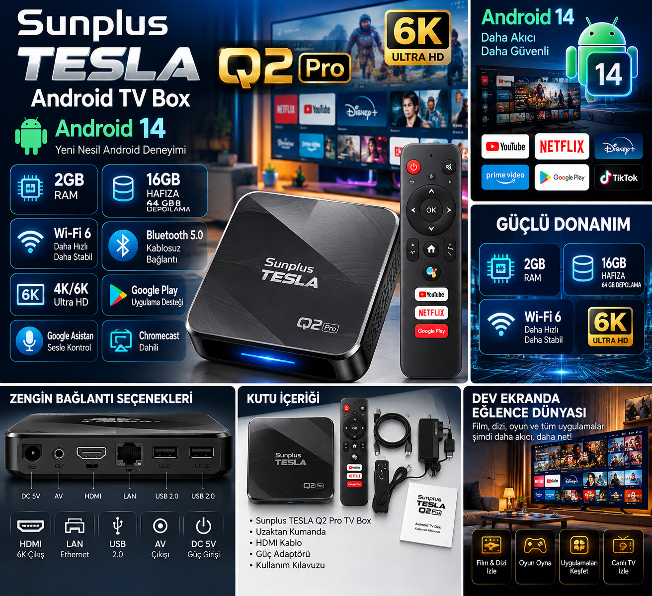 Sunplus TESLA Q2 Pro 16gb 2gb ram  6K Android TV Box  Android 14 İşletim Sistemi 64 GB Depola  Wi-Fi 6