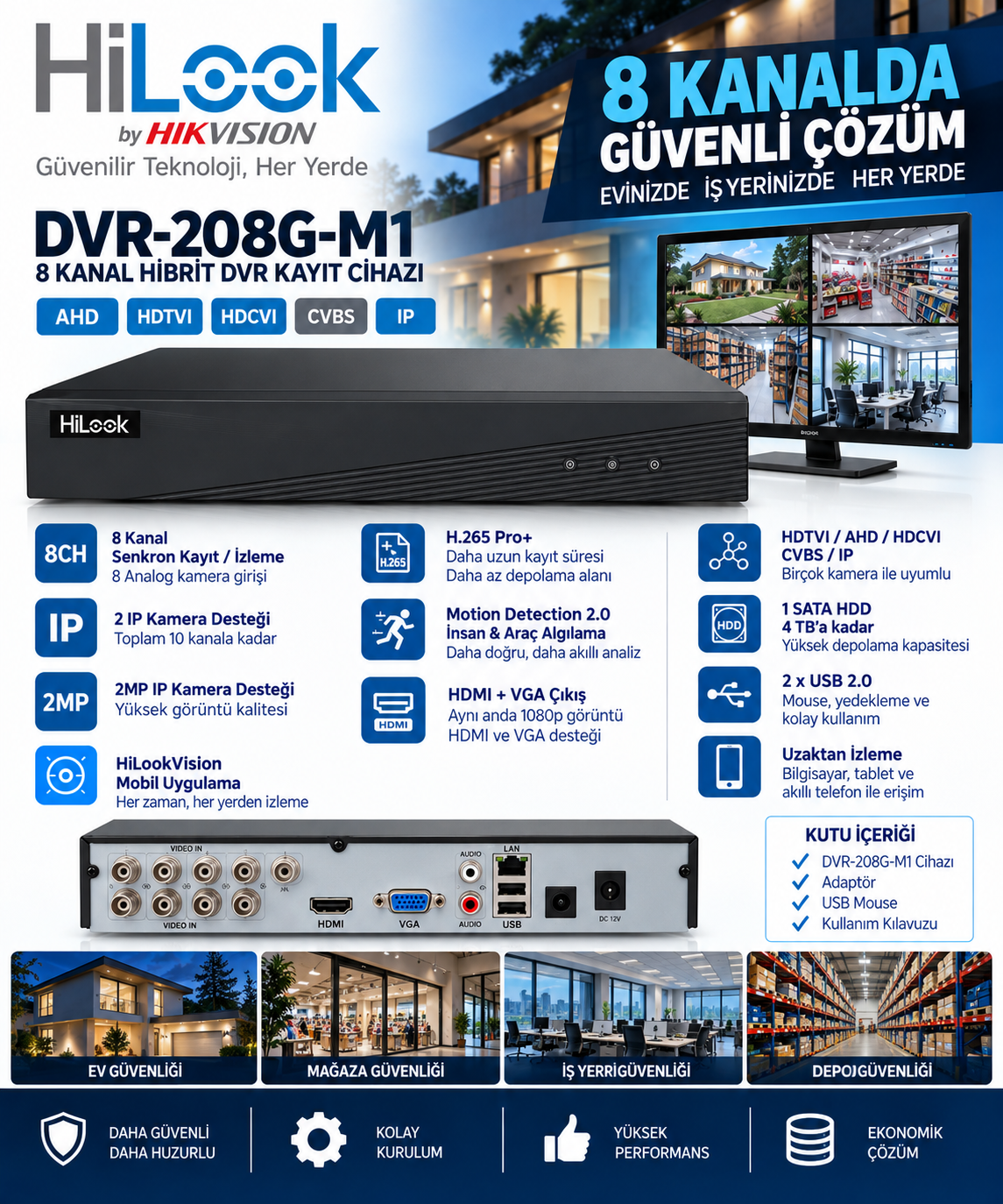 Hilook DVR-208G-K1 8 Kanal 1 HDD 2MP Dvr Kayıt Cihazı (Ses girişi: 1xRCA ve 8xCOAX)