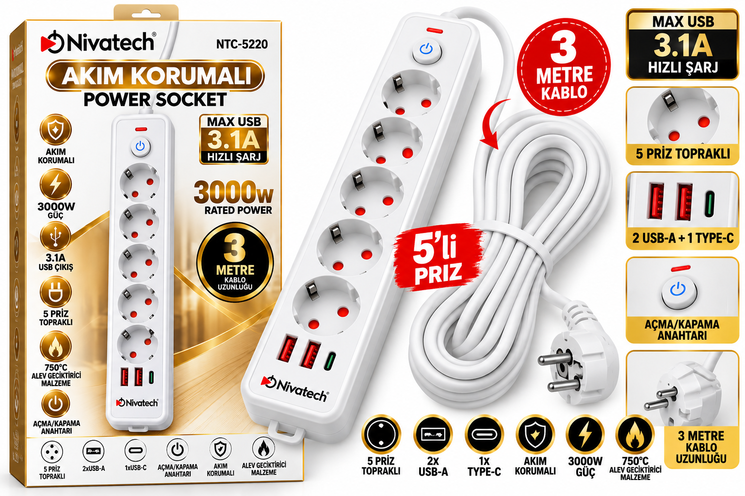 NIVATECH NTC-5220 5Lİ 2 USB 1 TYPE C  3 MT  BEYAZ AKIM KORUMALI PRİZ 3mt