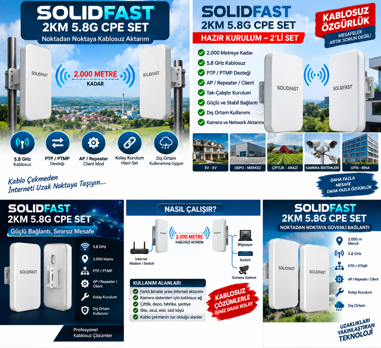 SOLIDFAST 2KM 5.8G(2000M) PTP/PTMP CPE SET (AP/REPEATER/CLIENT)  HAZIR KURULUMA GEREK 2 Lİ SET NOKTADAN NOKTAYA AKTARICI