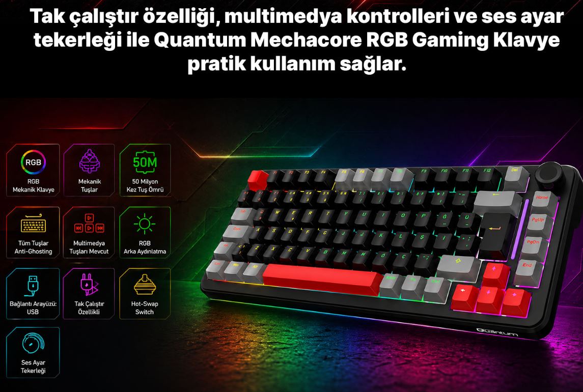 QUANTUM GAMING MECHACORE RGB 75% Boyut,Mekanik OUTEMU Hot-Swap Switch,Gasket Yapı,R Kablolu Gaming Klavye