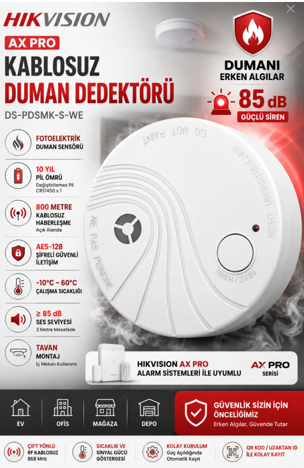 Hikvision DS-PDSMK-S-WE Kablosuz Duman Dedektörü  ALARM