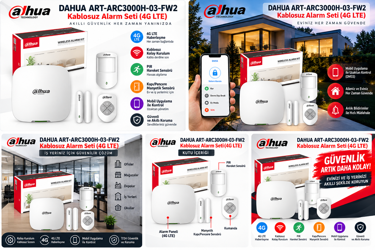 DAHUA ART-ARC3000H-03-FW2 Kablosuz Alarm Seti (4G LTE)  ALARM PANELİ PIR+MANYETİK+KUMANDA+MRKZ ALARM