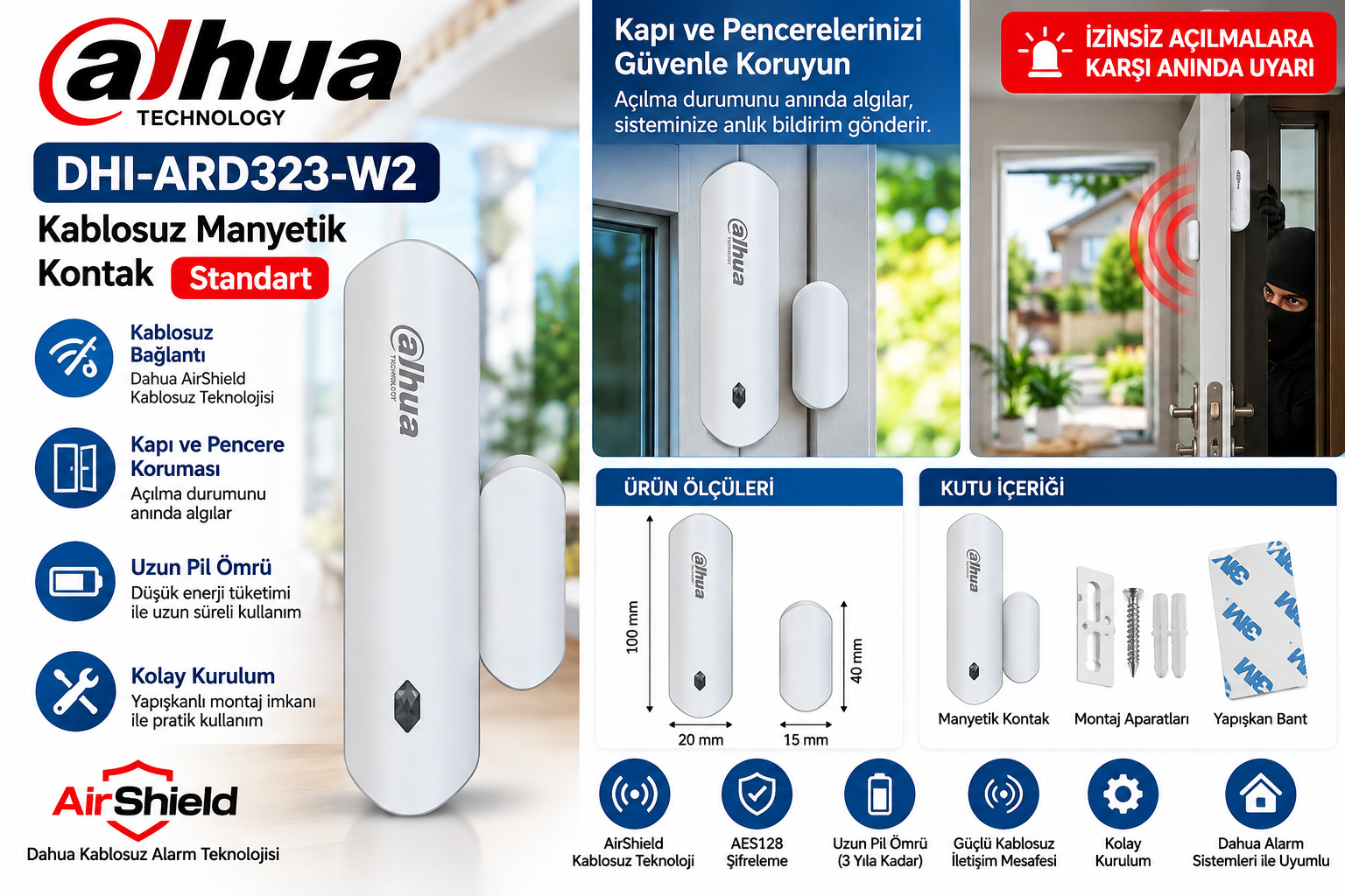 DAHUA DHI-ARD323-W2 KABLOSUZ MANYETİK KONTAK STANDART ALARM
