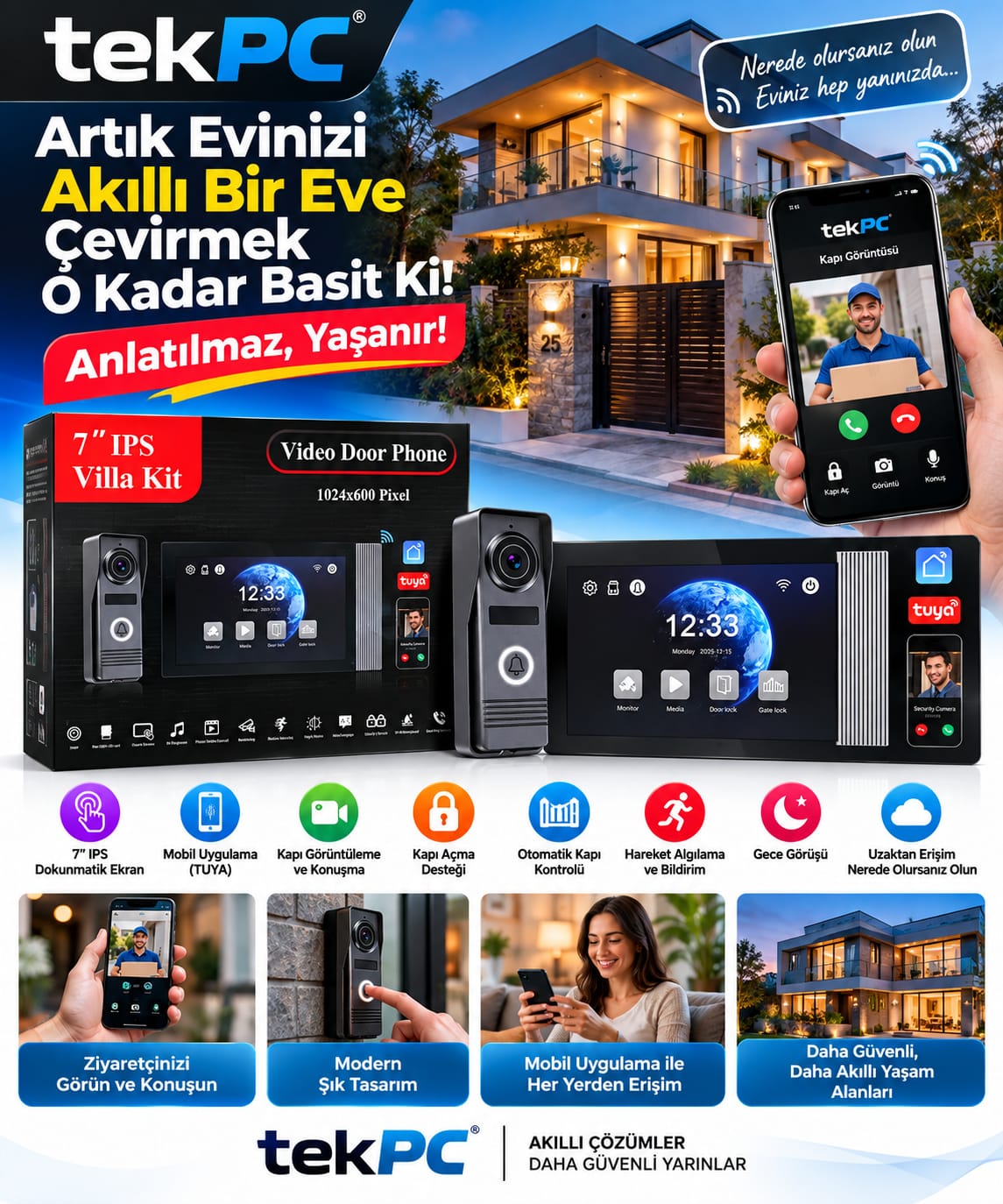 TEKPC WİFİ 2 TEL TUYA-SMART LİFE 7 INCH AKILLI İNTERKOM VİLLA SETİ FAHRDS71+FHV1-2W ZİL