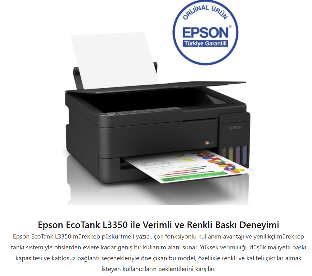 EPSON EcoTank L3350 A4 MÜREKKEP TANKLI KABLOSUZ MFP YAZICI C11CL62413