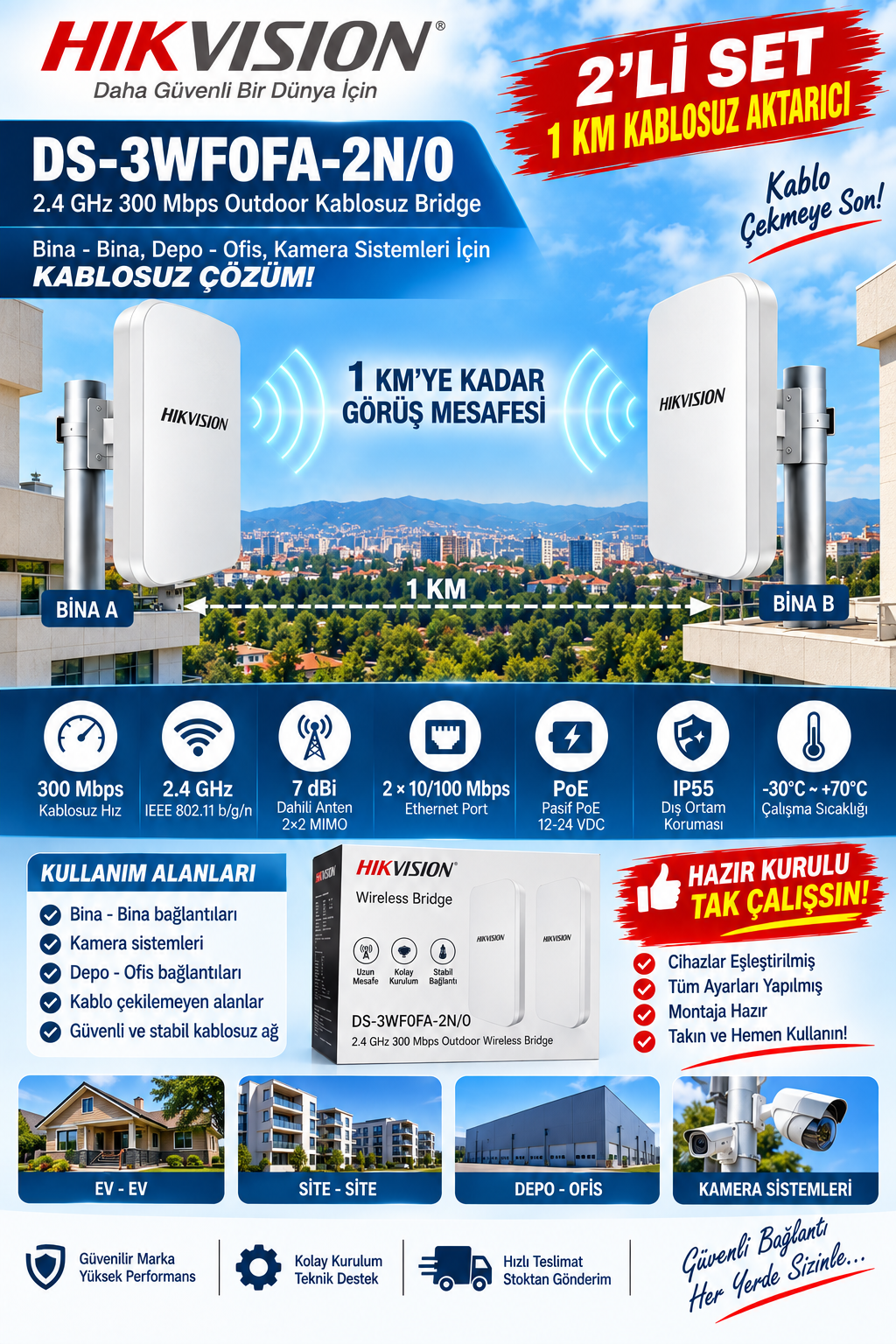 HIKVISION 300Mbps 1KM Outdoor Pasif PoE 2×MIMO Wireless Bridge DS-3WF0FA-2N/O(2LI) NOKTADAN NOKTAYA