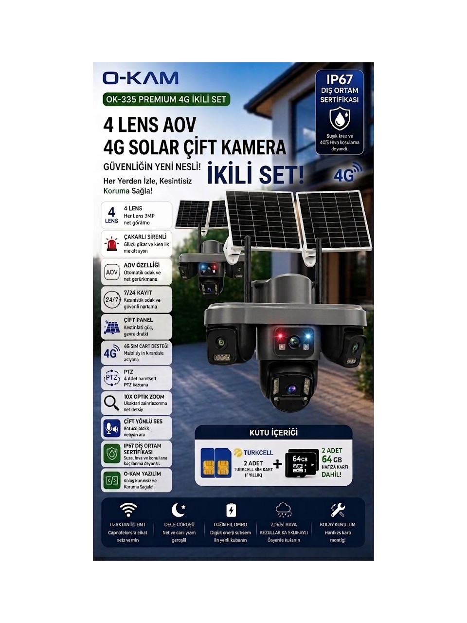 GUV-IP-WIFI-O-KAM OK335 Premium Serisi 12MP 4 Kameralı 4G Çift Solar Panel Gece Görüş OKAM