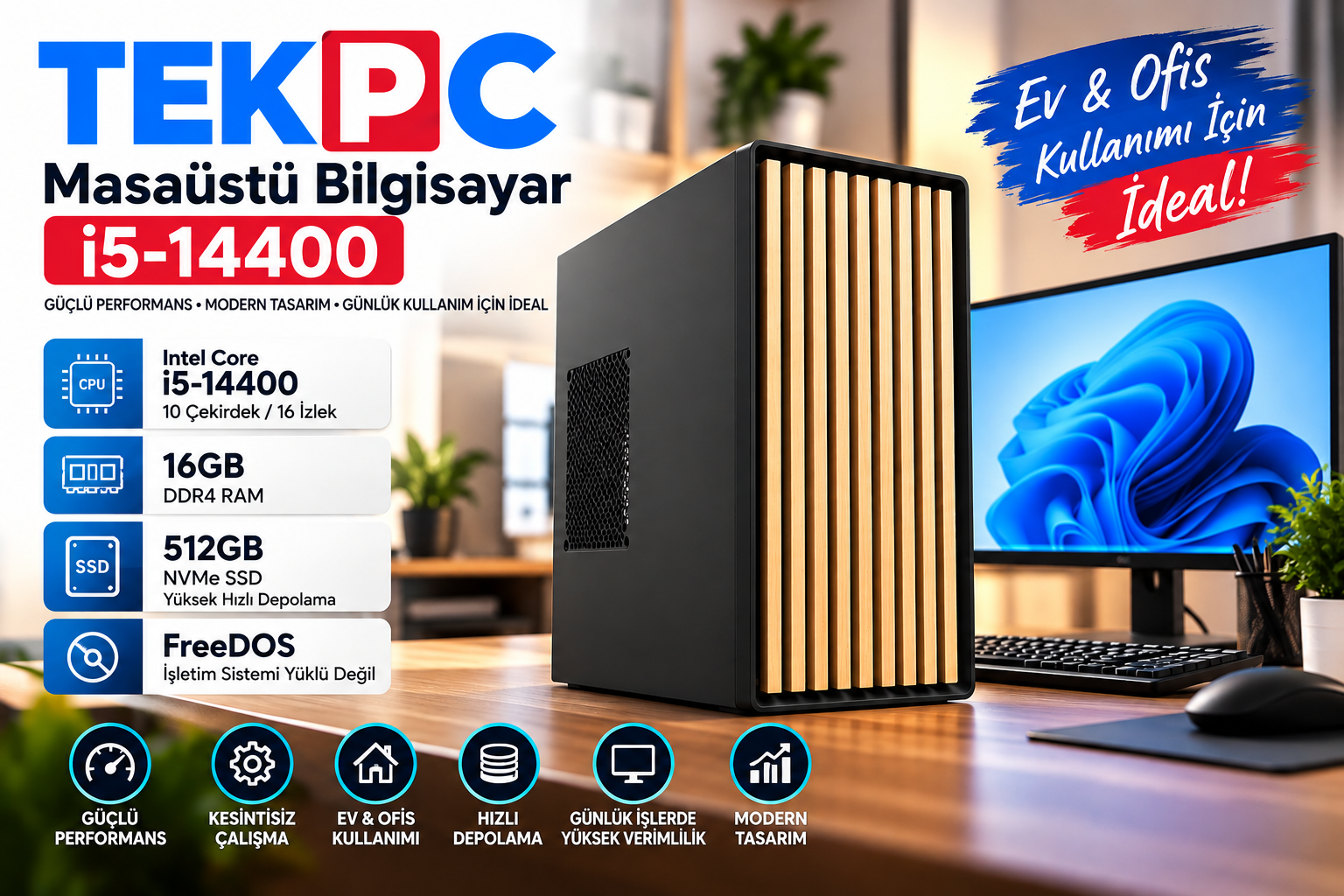 TEKPC I5-14400 16GB RAM 512GB NVME SSD ONB-VGA Masaüstü Ev Ofis Bilgisayarı