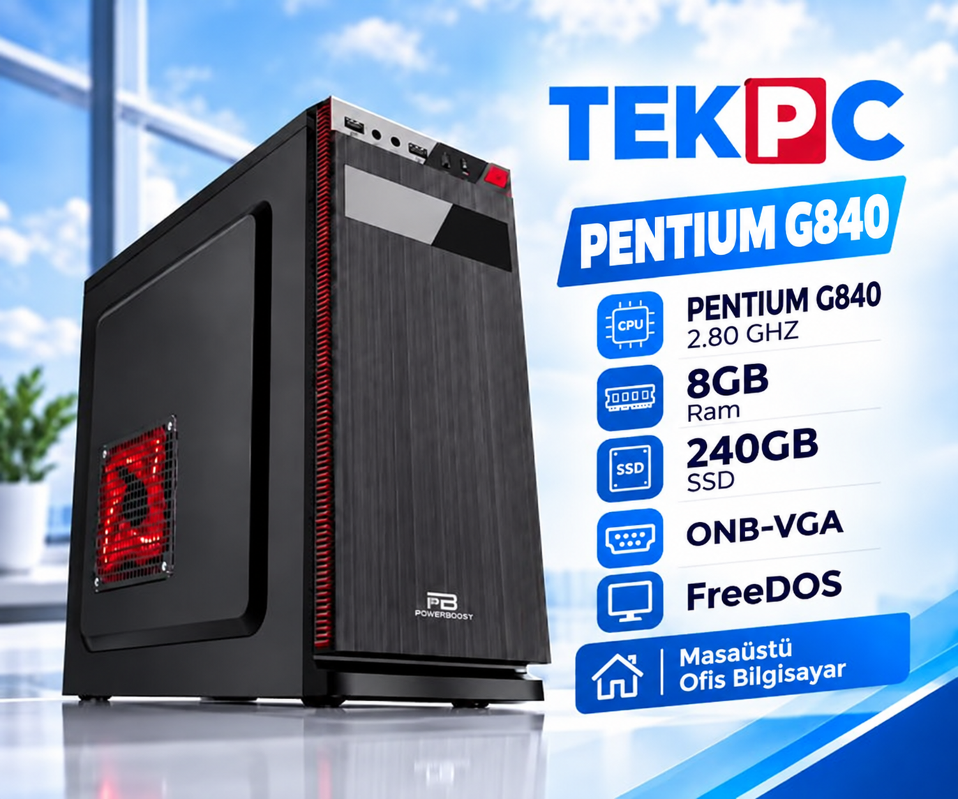 TEKPC G840 PENTIUM 2.80GHZ 3MB 8GB 256GB SSD  ONB-VGA FreeDOS Masaüstü Ev Ofis Bilgisayarı